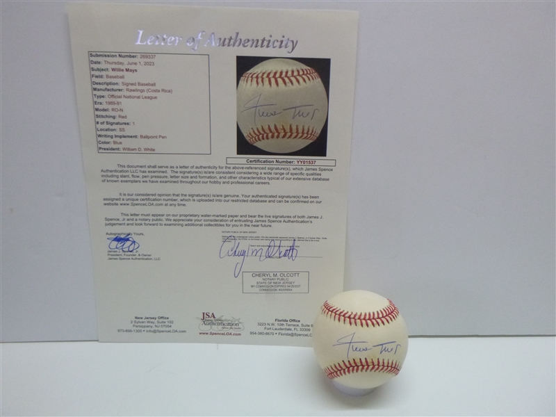 San Francisco Giants Willie Mays Signed ONL Baseball - JSA Full Letter 