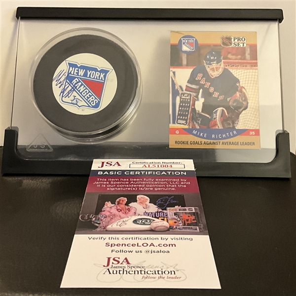 New York Rangers Mike Richter Signed Hockey Puck With Unsigned Rookie Card--JSA 