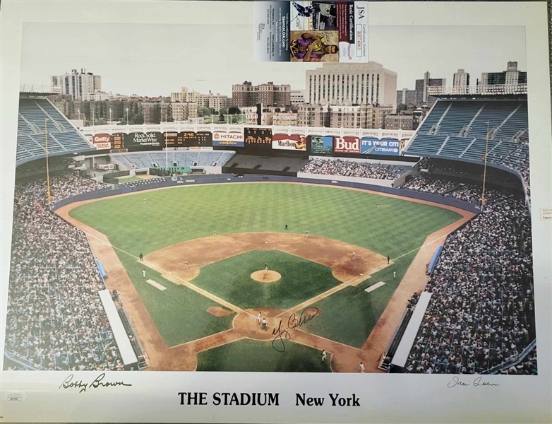 New York Yankee Stadium View Lithograph Signed By Yogi Berra & Bobby Brown -JSA 