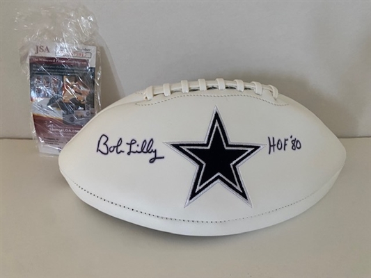 Dallas Cowboys Bob Lilly Signed Logo Stat Football With HOF 80 Inscription-JSA