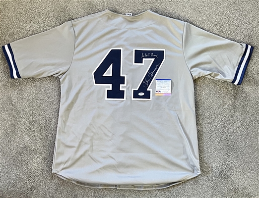 New York Yankees Shane Spencer Signed Grey Custom Jersey With Inscription 3x WS Champ -PSA 