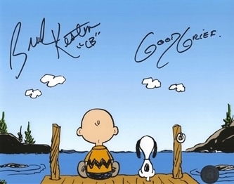 Peanuts Charlie Brown & Snoopy Sitting On The Dock 8x10” Photo Signed By Brad Kesten with inscription “Good Grief”. Certification by Pay it Forward.