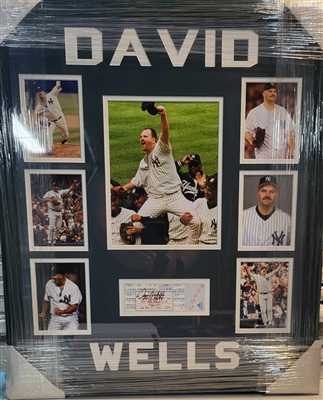 NY Yankees DAVID WELLS signed Perfect Game Ticket Collage framed 22x27". Hologram. Certification by Wish You Were Here Productions.