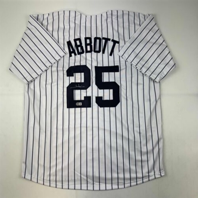 NY Yankees JIM ABBOTT Signed White Pinstripe Jersey. Certification by BAS Hologram