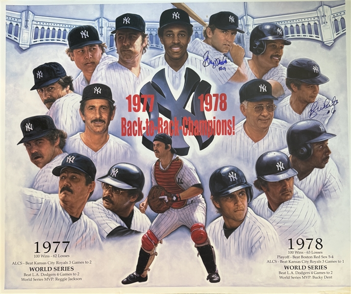 NY Yankees 77-78 World Champs Lithograph 27x22.5" Signed by ROY WHITE, GRAIG NETTLES. Certified by Pay it Forward.