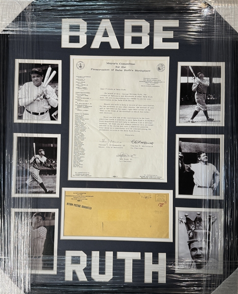 NY Yankees BABE RUTH Unsigned Framed Collage 22x27" with Mayors letter to Babe Ruth Foundation