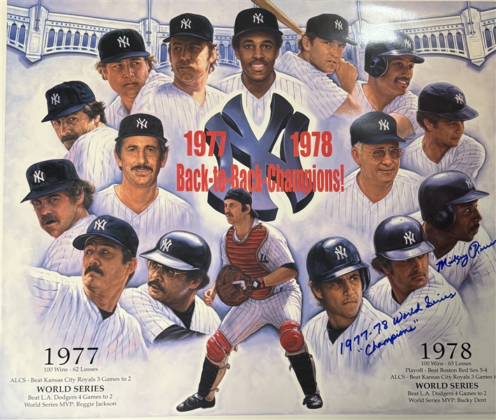 NY Yankees 77-78 World Champs Lithograph 27x22.5" Signed by MICKEY RIVERS. Certified by Pay it Forward.