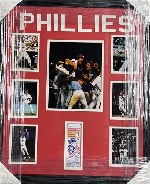 Philadelphia Phillies 1980 World Series Champs Unsigned Framed Collage 22x27" with Ticket.