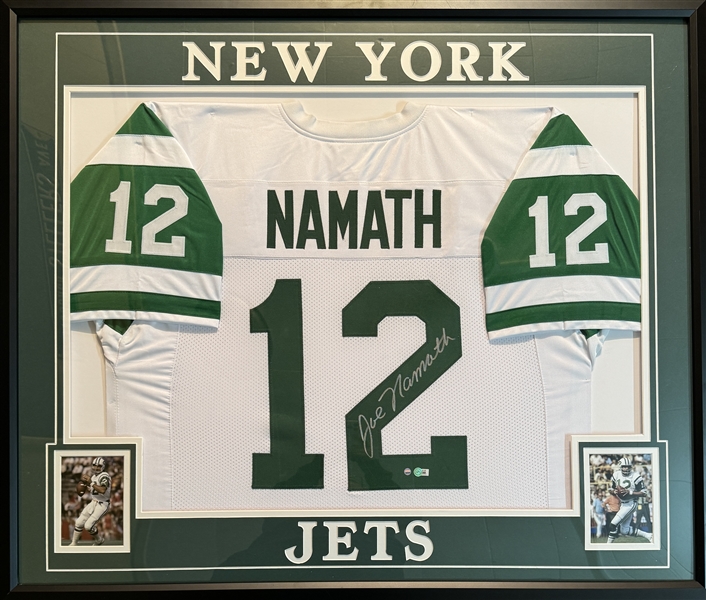 NY Jets JOE NAMATH # 12 Framed Collage 40x34" with Signed Jersey. Certification by Pay It Forward. Available for local pick up ONLY.