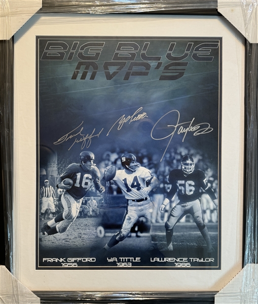 NY Giants "Big Blue MVPs"  Lithograph 22x27" signed by FRANK GIFFORD, Y.A. TITTLE, LAWRENCE TAYLOR. Certification by Pay It Forward. 